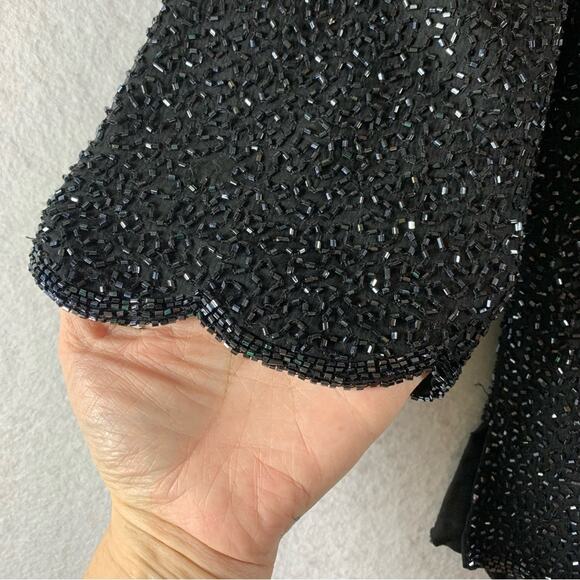 Womens Gorgeous Silk‎ Beaded Formal Blouse Sz XS Black Silk Scalloped Hem Lined - Picture 4 of 14